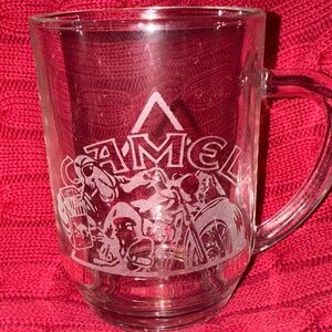 Vintage Biker & Pool Playing Joe Camel Glass Etched Mugs, 20 oz, set of 2